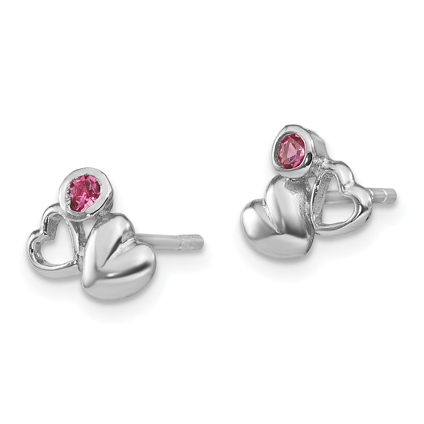 Sterling Silver Rhodium-Plated Pink Crystal Double Heart Children's Earrings Secondary image