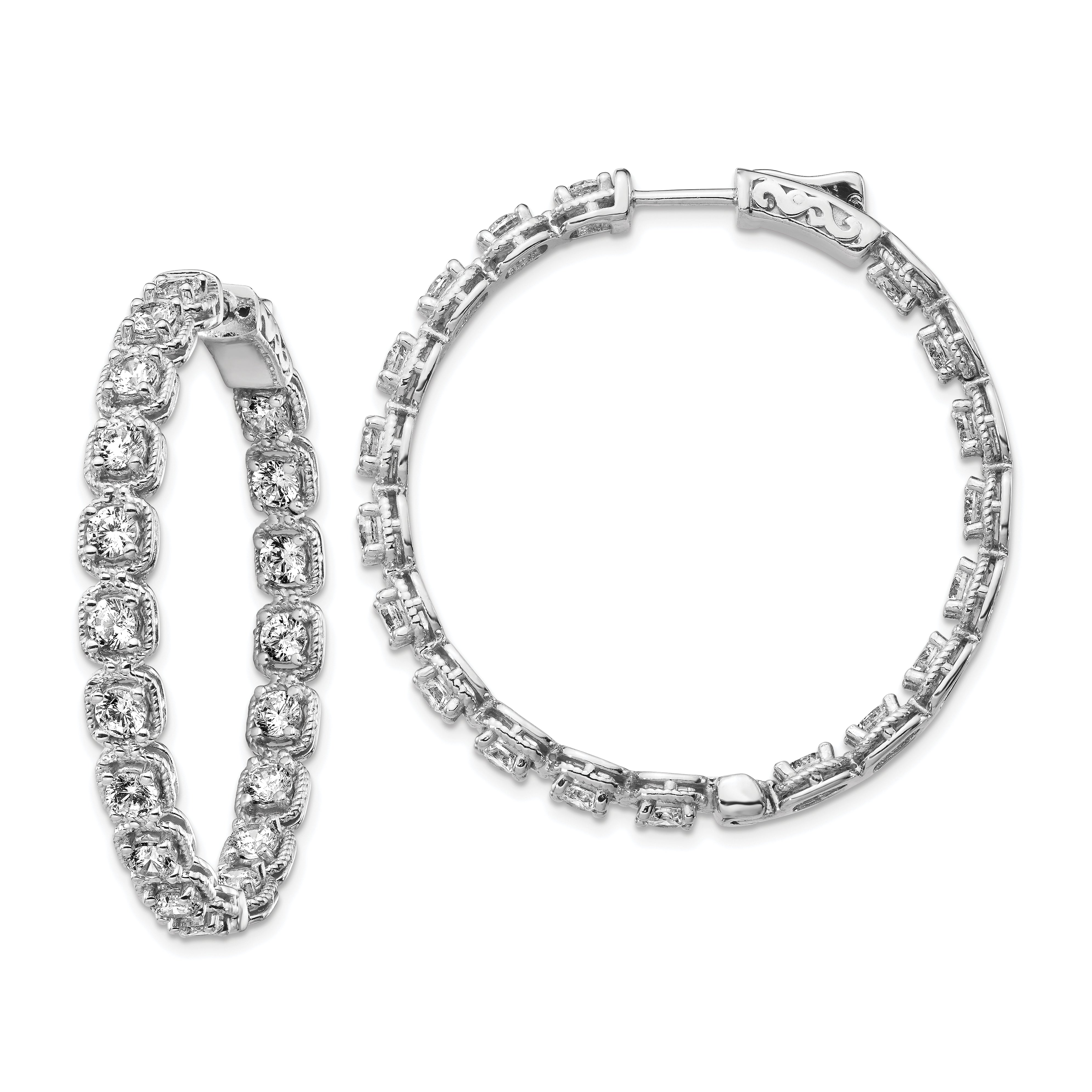 Sterling Shimmer Sterling Silver Rhodium-plated 38 Stone 3mm CZ In and Out Round Hinged Hoop Earrings