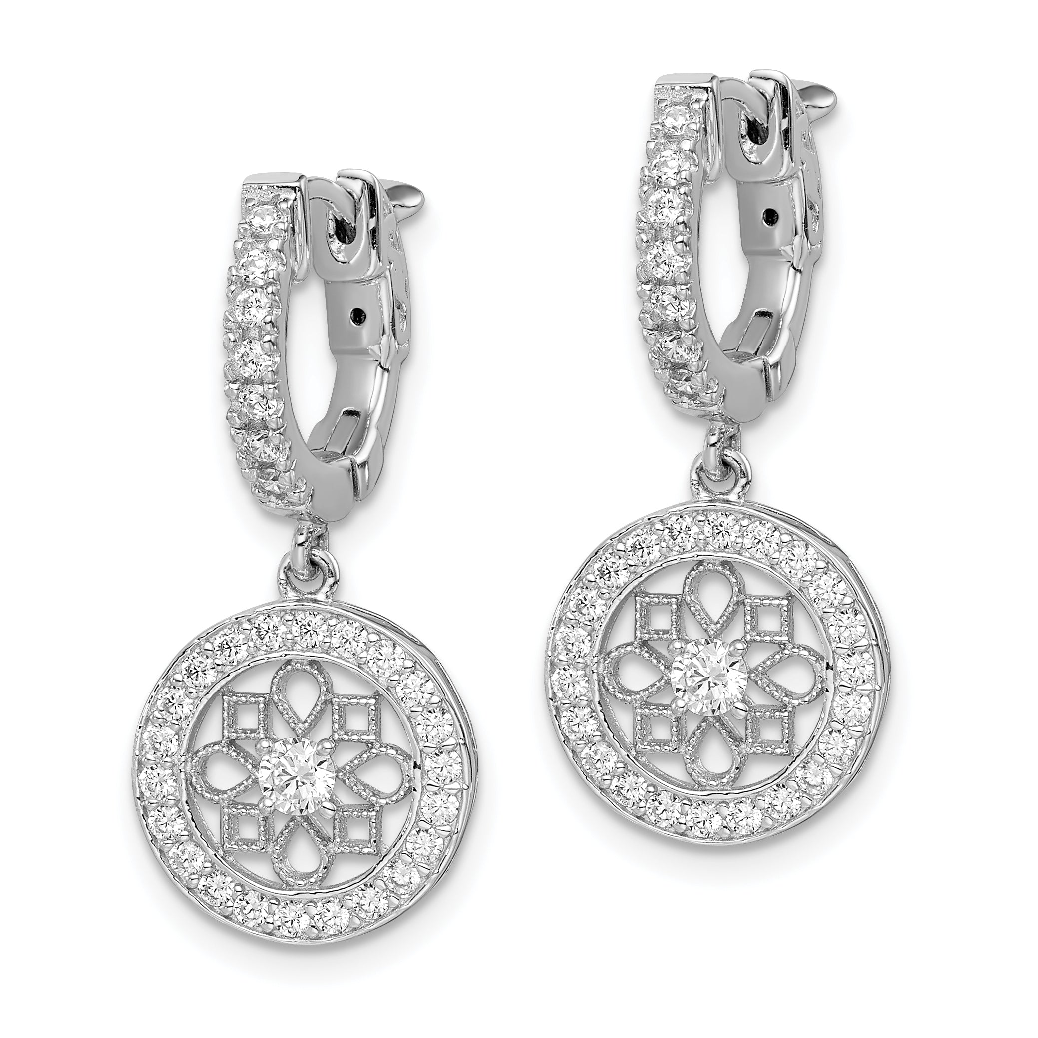 Sterling Shimmer Sterling Silver Rhodium-plated 60 Stone CZ Fancy Dangle Hinged Hoop Earrings Secondary image