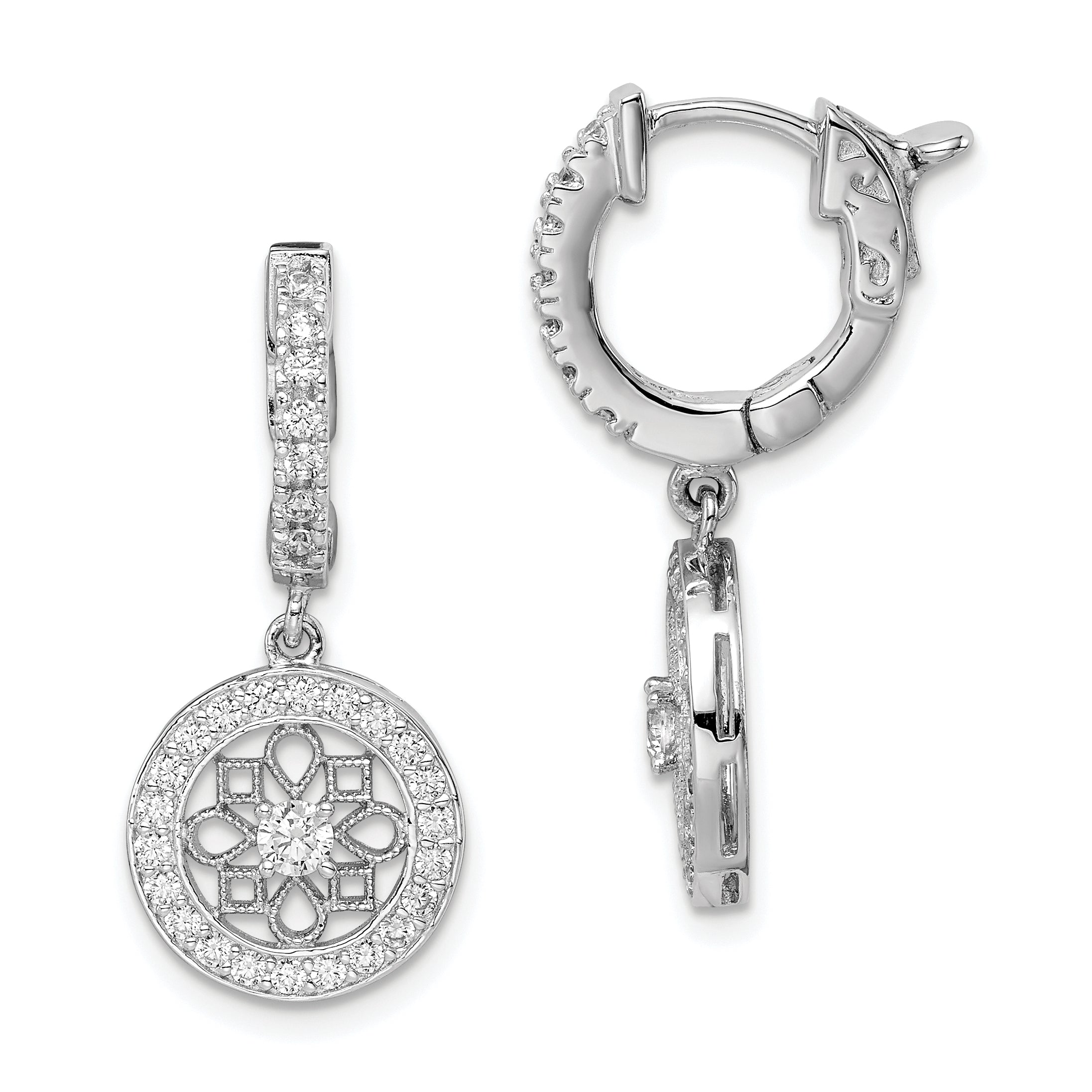 Sterling Shimmer Sterling Silver Rhodium-plated 60 Stone CZ Fancy Dangle Hinged Hoop Earrings Main image