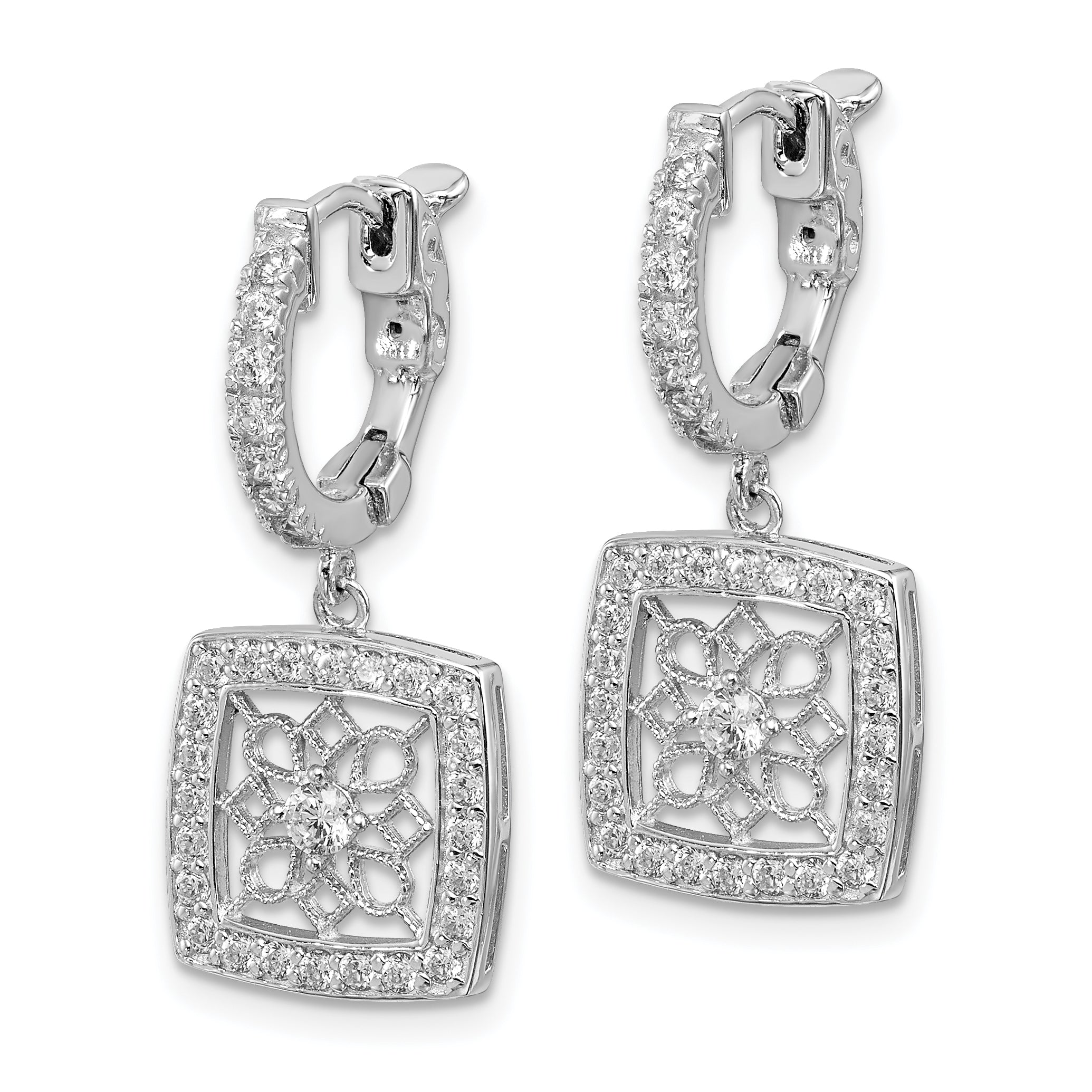 Sterling Shimmer Sterling Silver Rhodium-plated 64 Stone CZ Square Dangle Hinged Hoop Earrings Secondary image