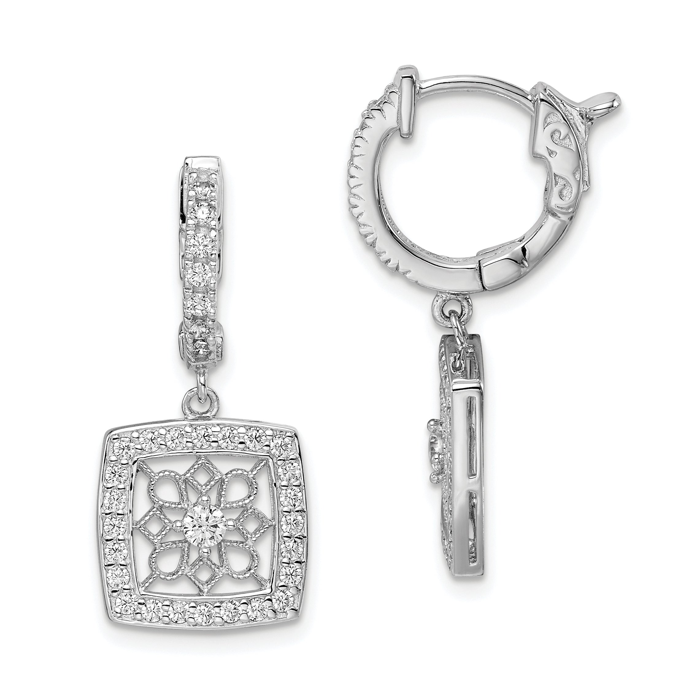 Sterling Shimmer Sterling Silver Rhodium-plated 64 Stone CZ Square Dangle Hinged Hoop Earrings Main image