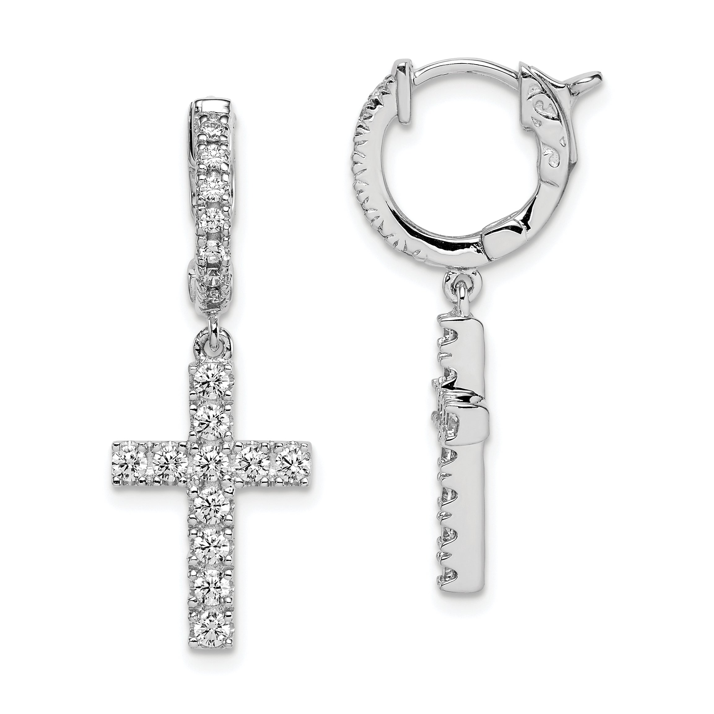 Sterling Shimmer Sterling Silver Rhodium-plated 36 Stone CZ Cross Dangle Hinged Hoop Earrings Main image