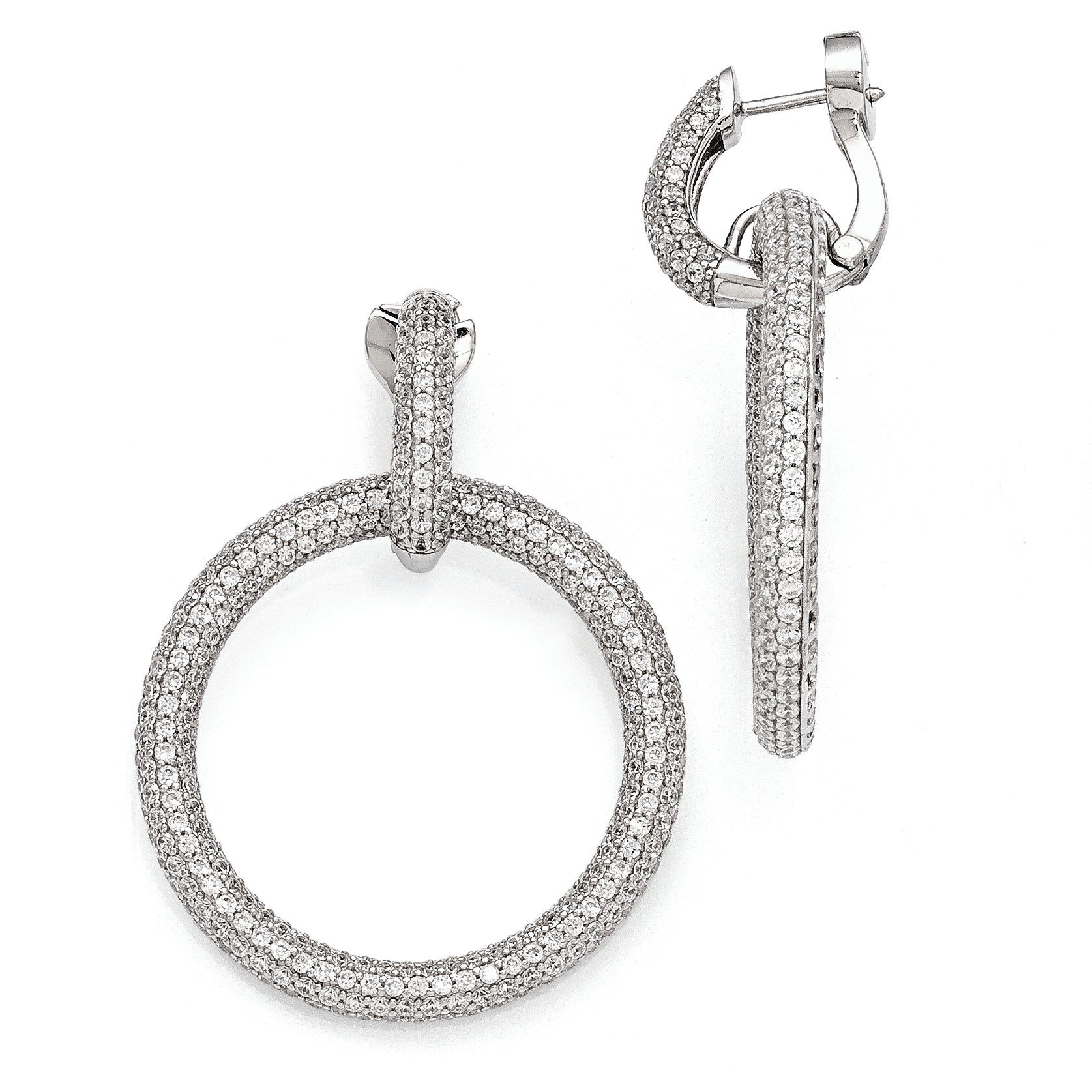 Sterling Silver Rhodium Plated CZ Hinged Hoop Dangle Earrings Main image