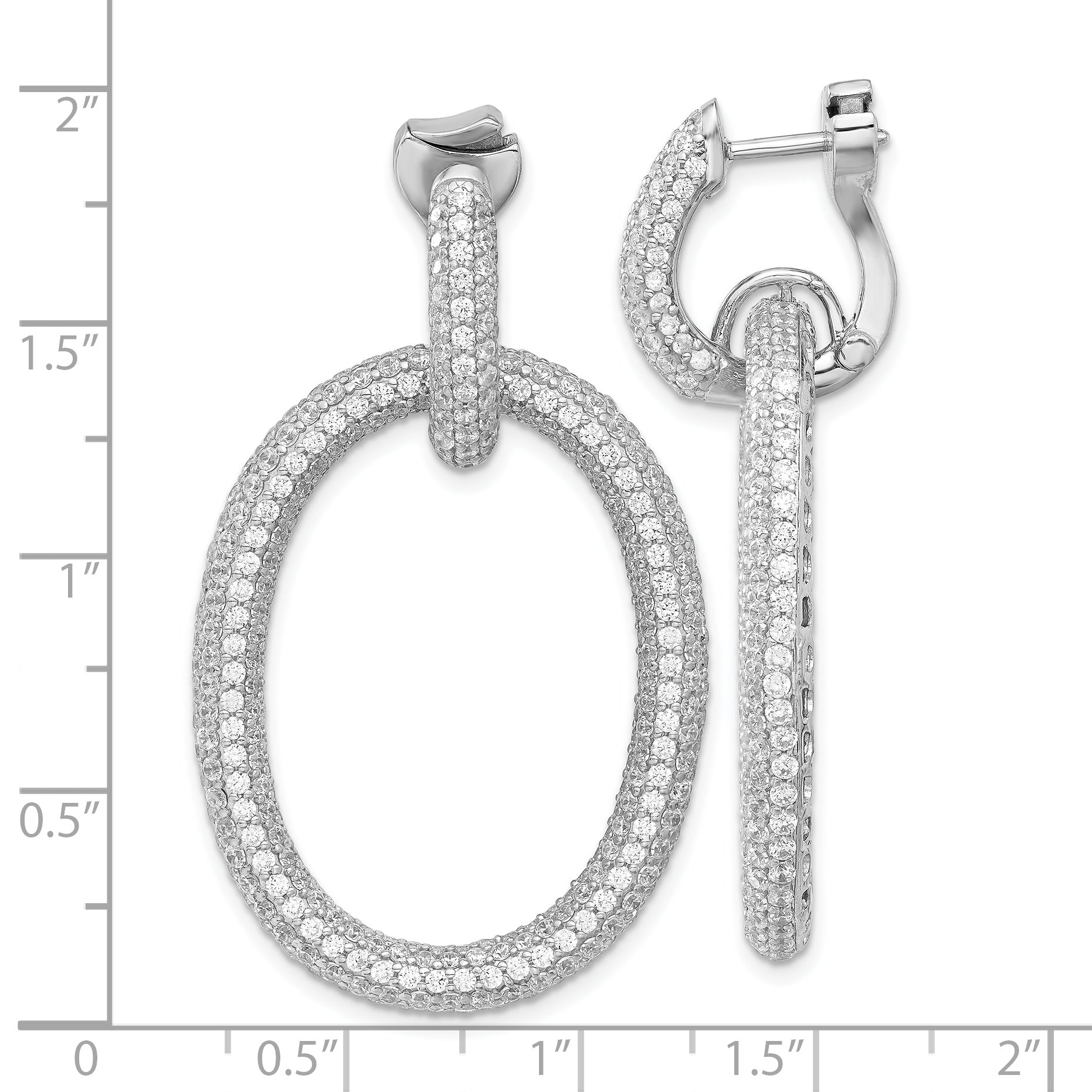 Sterling Silver Rhodium-plated CZ Oval Hinged Hoop Dangle Earrings