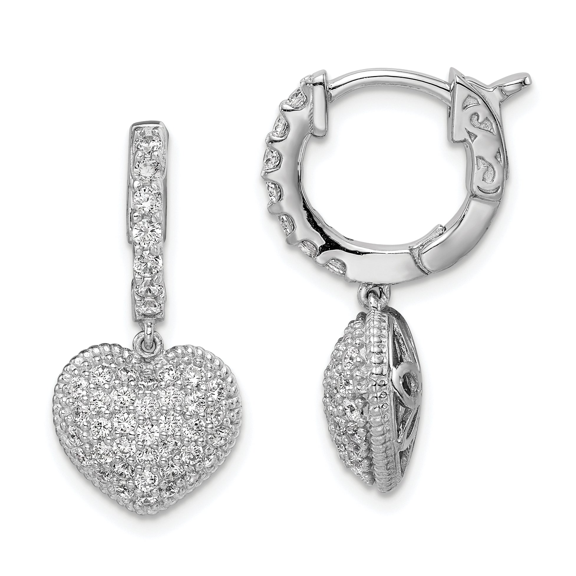 Sterling Shimmer Sterling Silver Rhodium-plated 86 Stone CZ Pav‚ Heart Dangle Hinged Hoop Earrings Main image