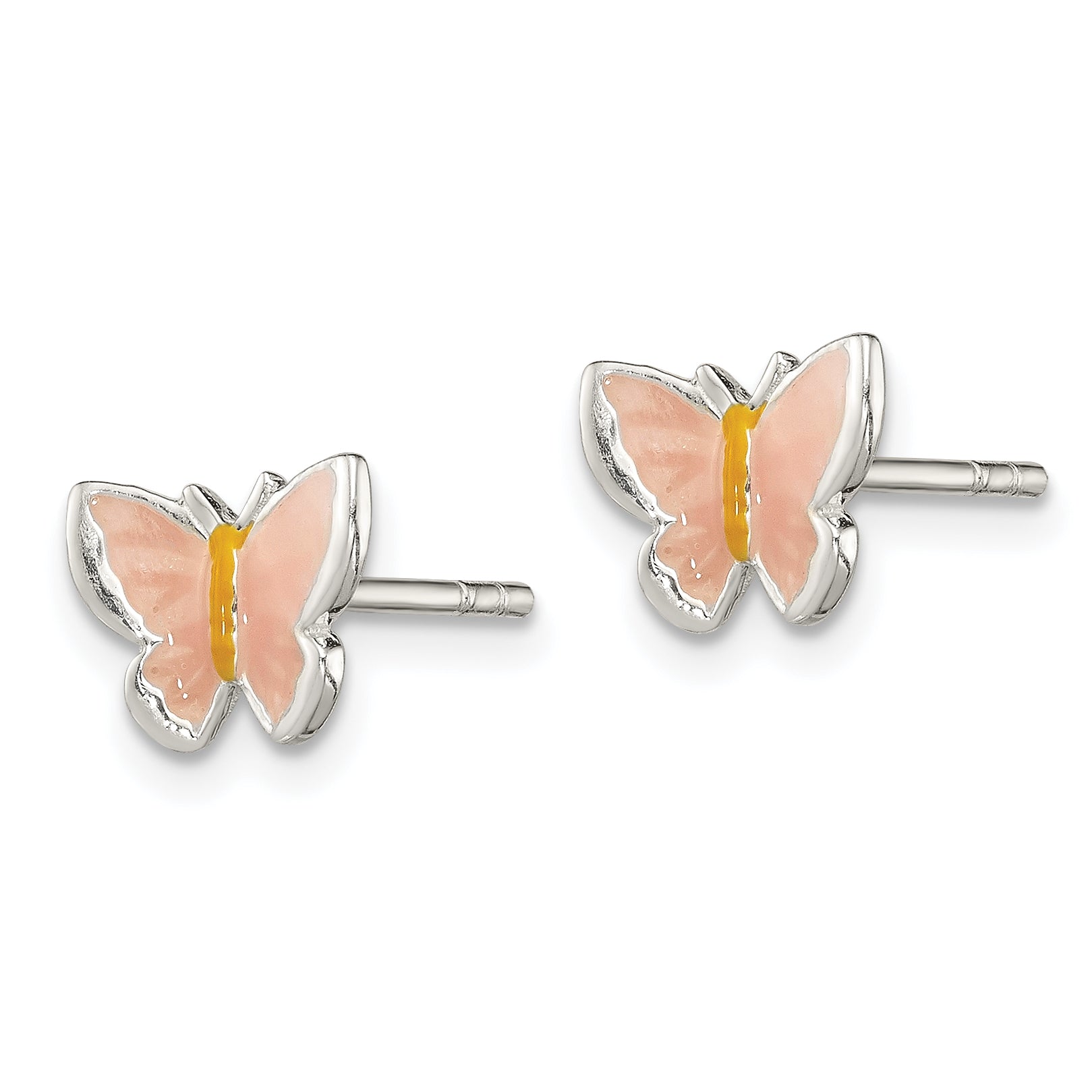 Sterling Silver Polished Pink & Orange Enameled Butterfly Children's Post Earrings