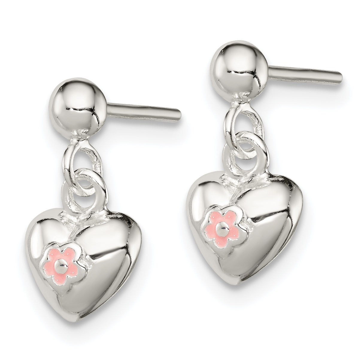 Sterling Silver Polished Pink Enamel Flower Heart Children's Post Dangle Earrings