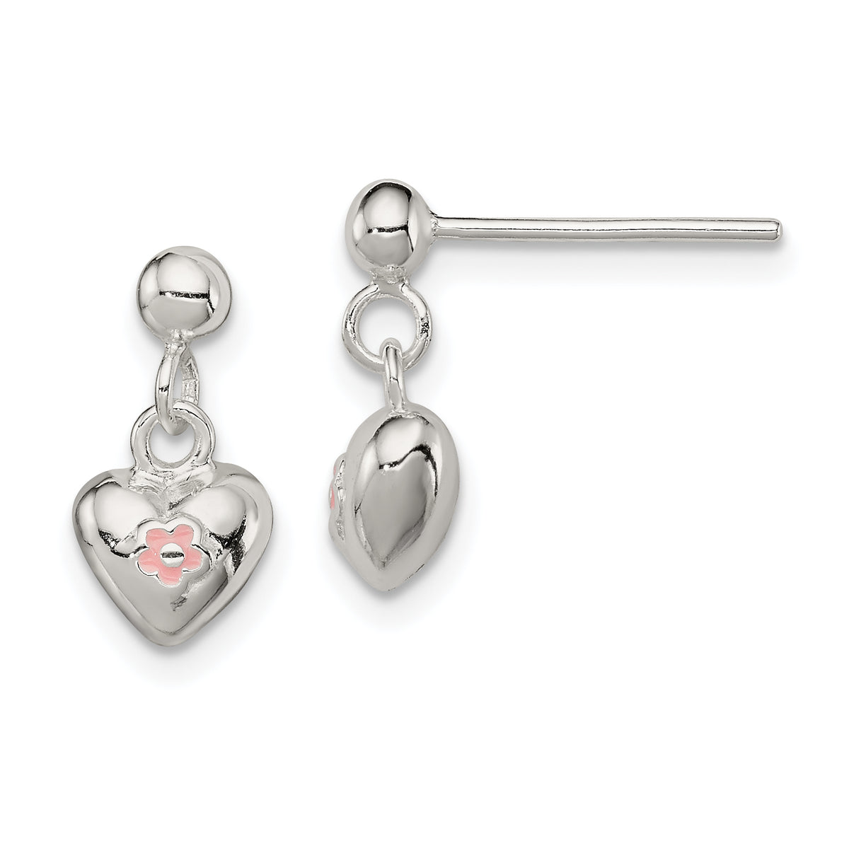 Sterling Silver Polished Pink Enamel Flower Heart Children's Post Dangle Earrings