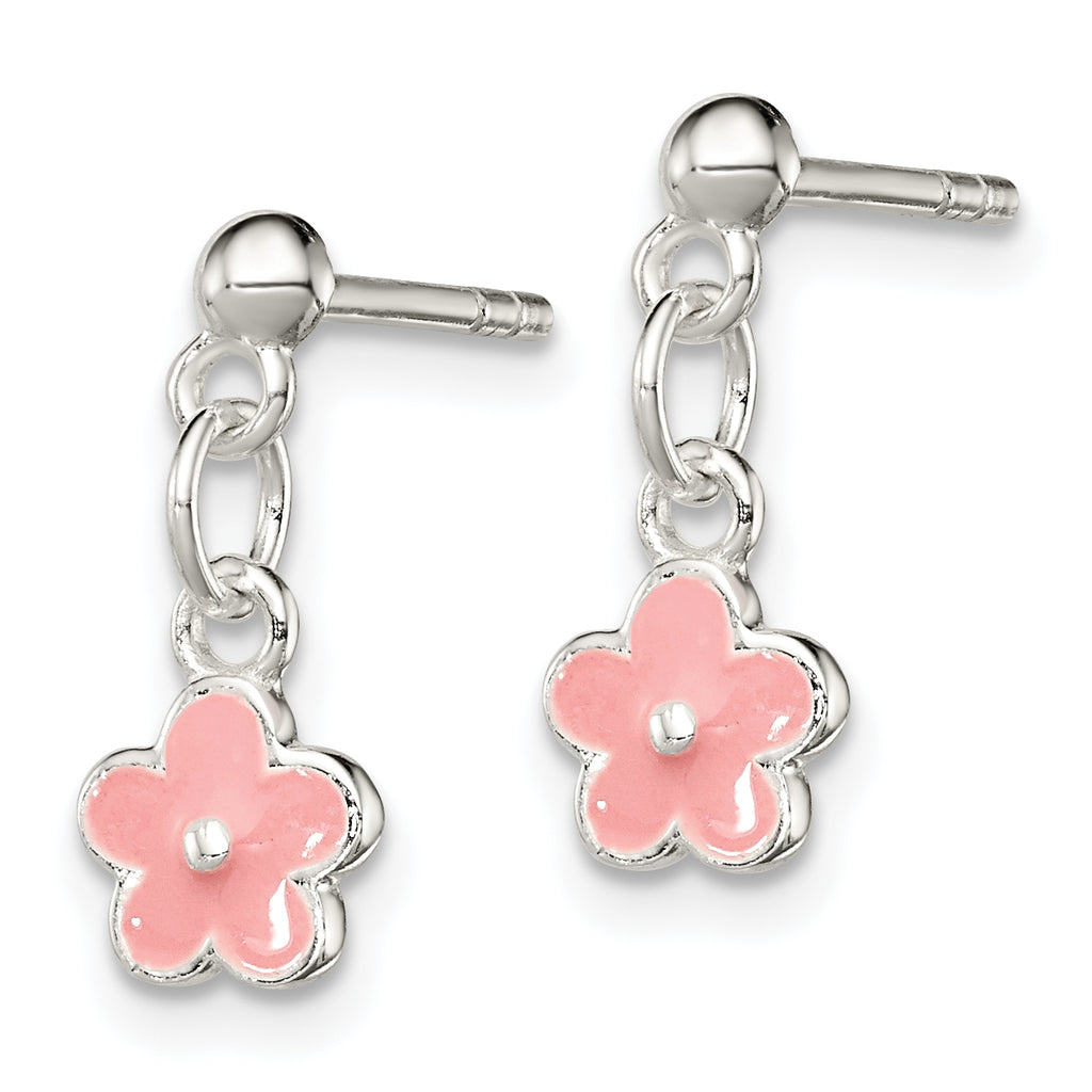 Sterling Silver Pink Enameled Flower Dangle Earrings for Girls, Polished Anti-Tarnish Finish