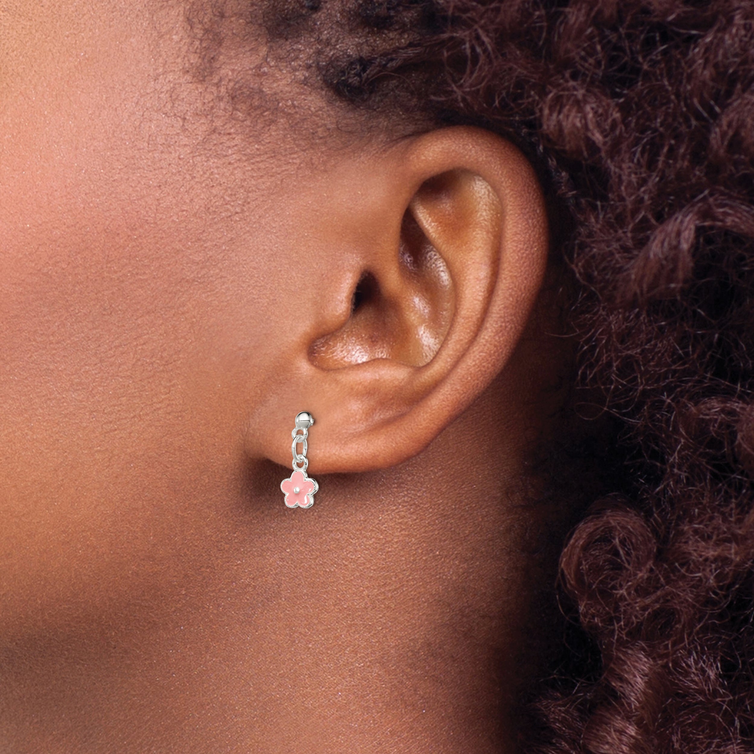 Sterling Silver Polished Pink Enameled Flower Children's Post Dangle Earrings