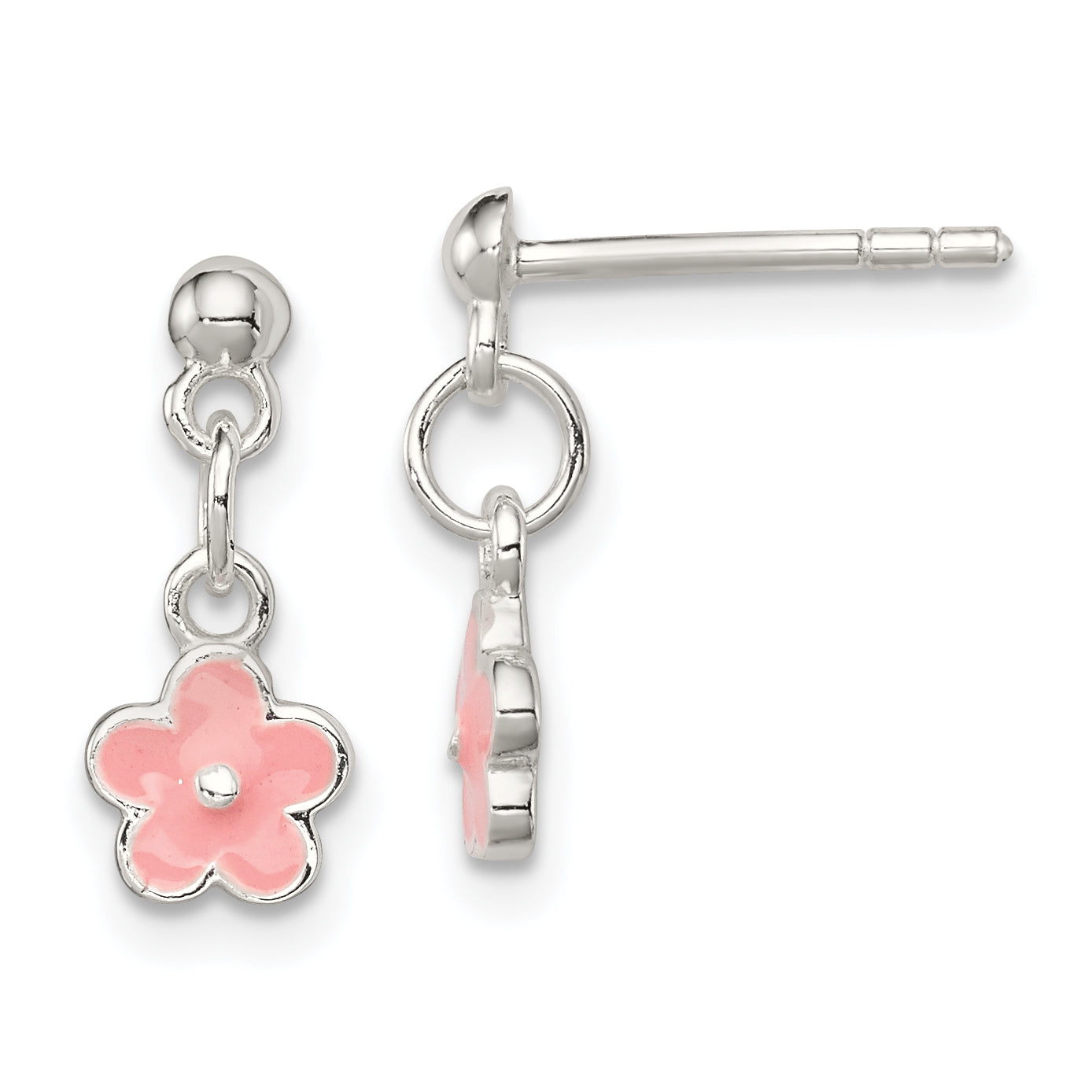 Sterling Silver Polished Pink Enameled Flower Children's Post Dangle Earrings Main image