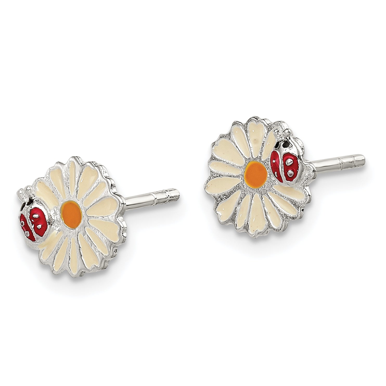 Sterling Silver Children's Earrings with Polished Multi-Color Enamel Flower & Ladybug Design