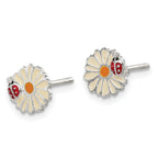 Sterling Silver Children's Earrings with Polished Multi-Color Enamel Flower & Ladybug Design