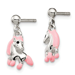 Sterling Silver Polished Pink & Black Enameled Horse Children's Post Dangle Earrings