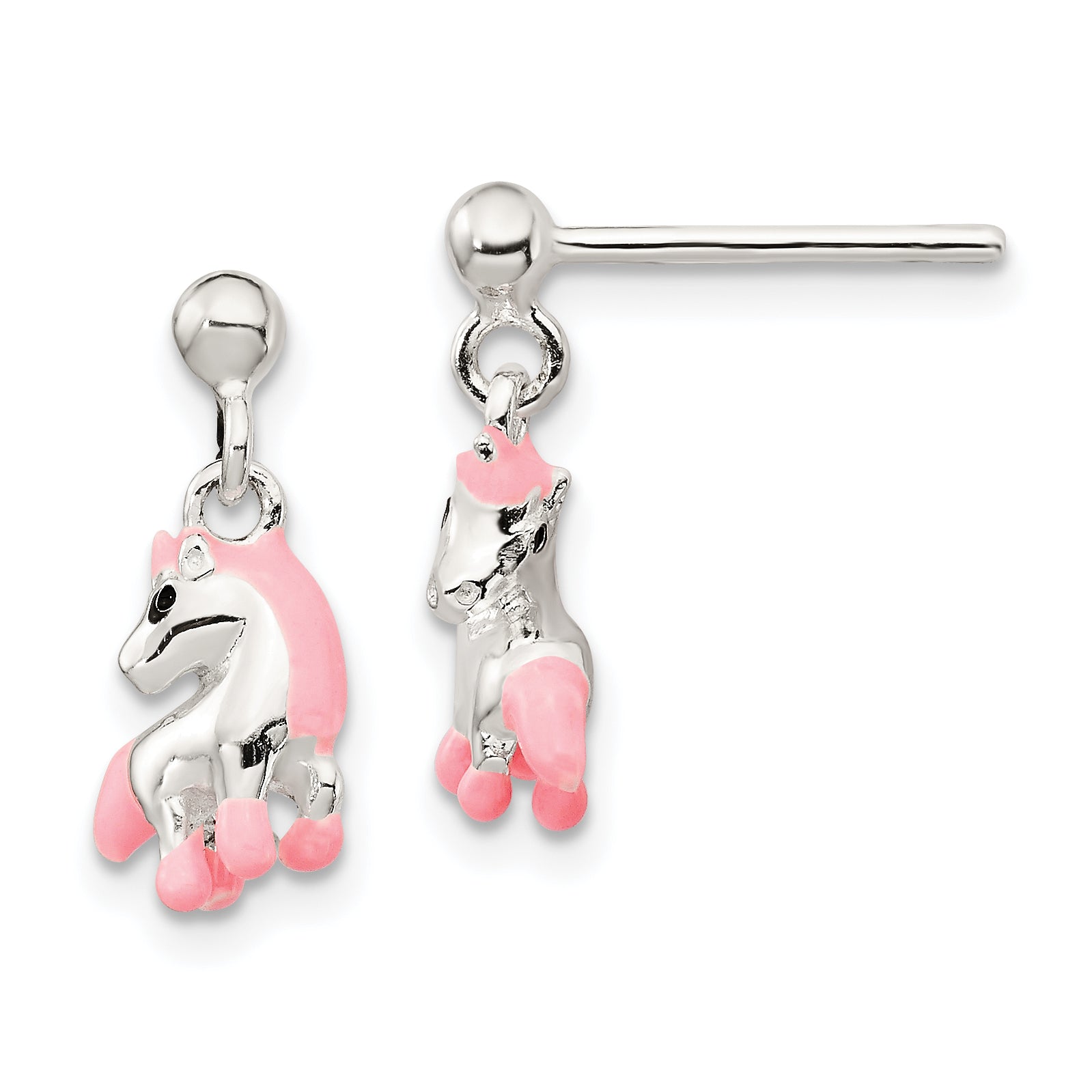 Sterling Silver Polished Pink & Black Enameled Horse Children's Post Dangle Earrings