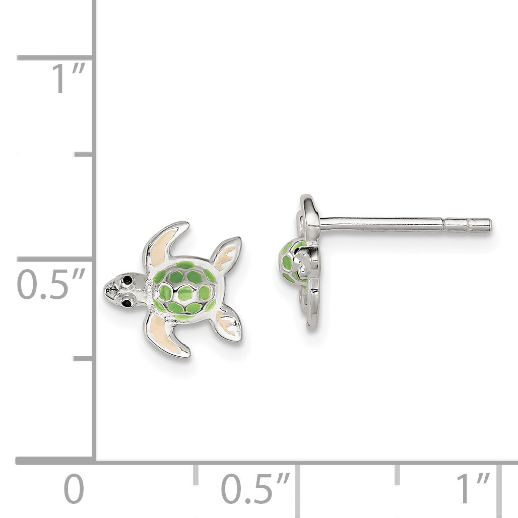 Sterling Silver Sea Turtle Enamel Earrings for Girls with Polished Finish