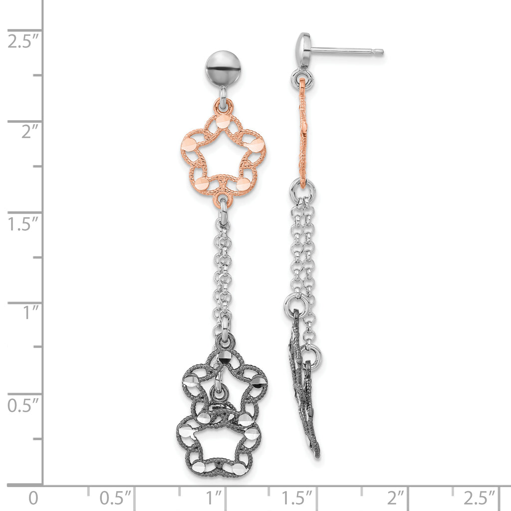 Sterling Silver Rose-Tone Ruthenium-Plated Dangle Earrings with Diamond-Cut Flower Design