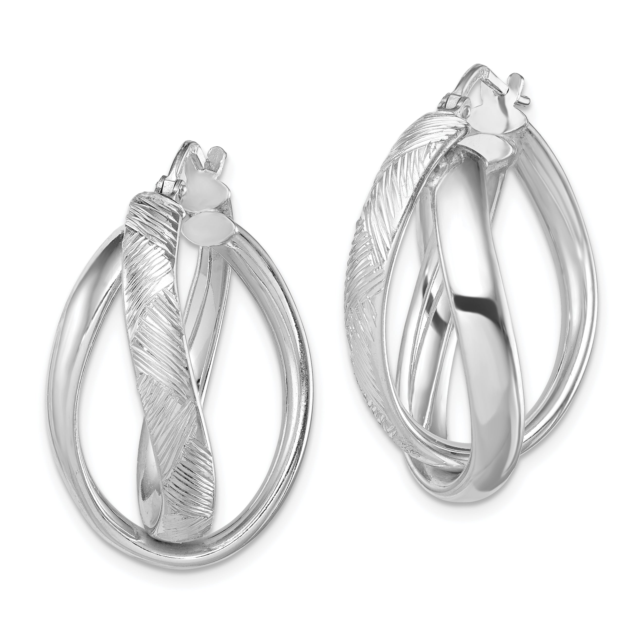 Sterling Silver Rhodium-Plated Twisted Oval Hoop Earrings with Polished Diamond-Cut Finish 25mm