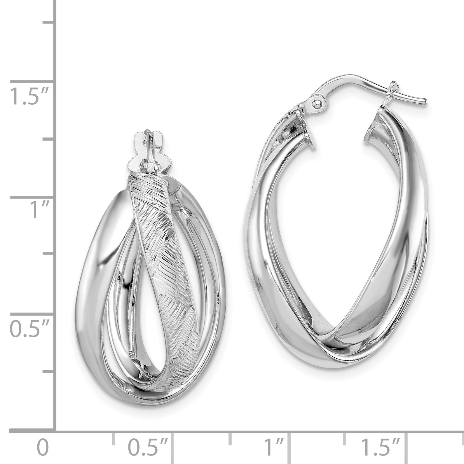 Sterling Silver Rhodium-Plated Twisted Oval Hoop Earrings with Polished Diamond-Cut Finish 25mm