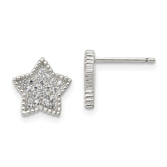 Sterling Silver Moon and Star CZ Post Earrings  Polished, Rhodium-Plated