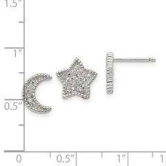 Sterling Silver Moon and Star CZ Post Earrings  Polished, Rhodium-Plated