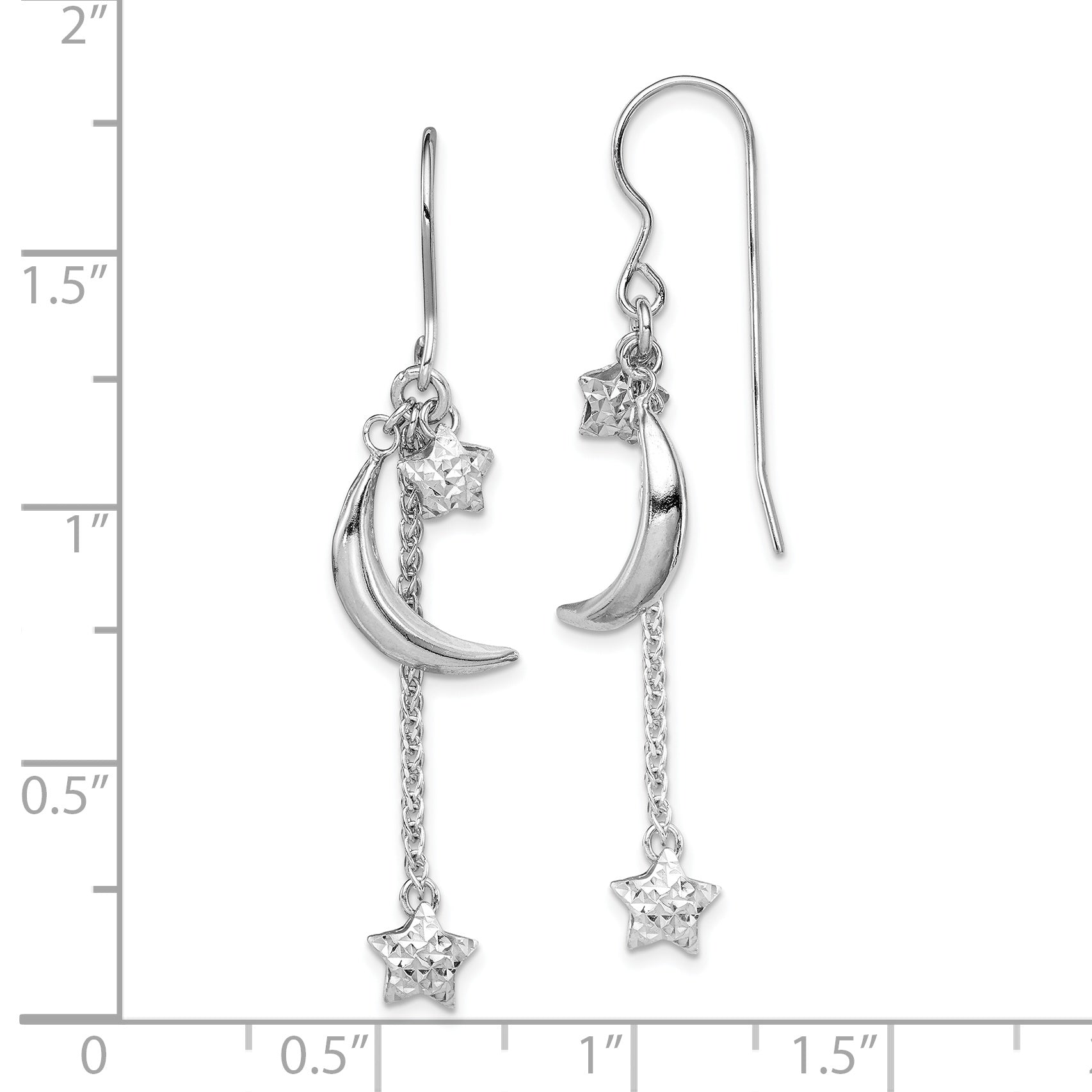 Sterling Silver 925 Rhodium-Plated Star and Moon Drop Earrings, Diamond-Cut Finish