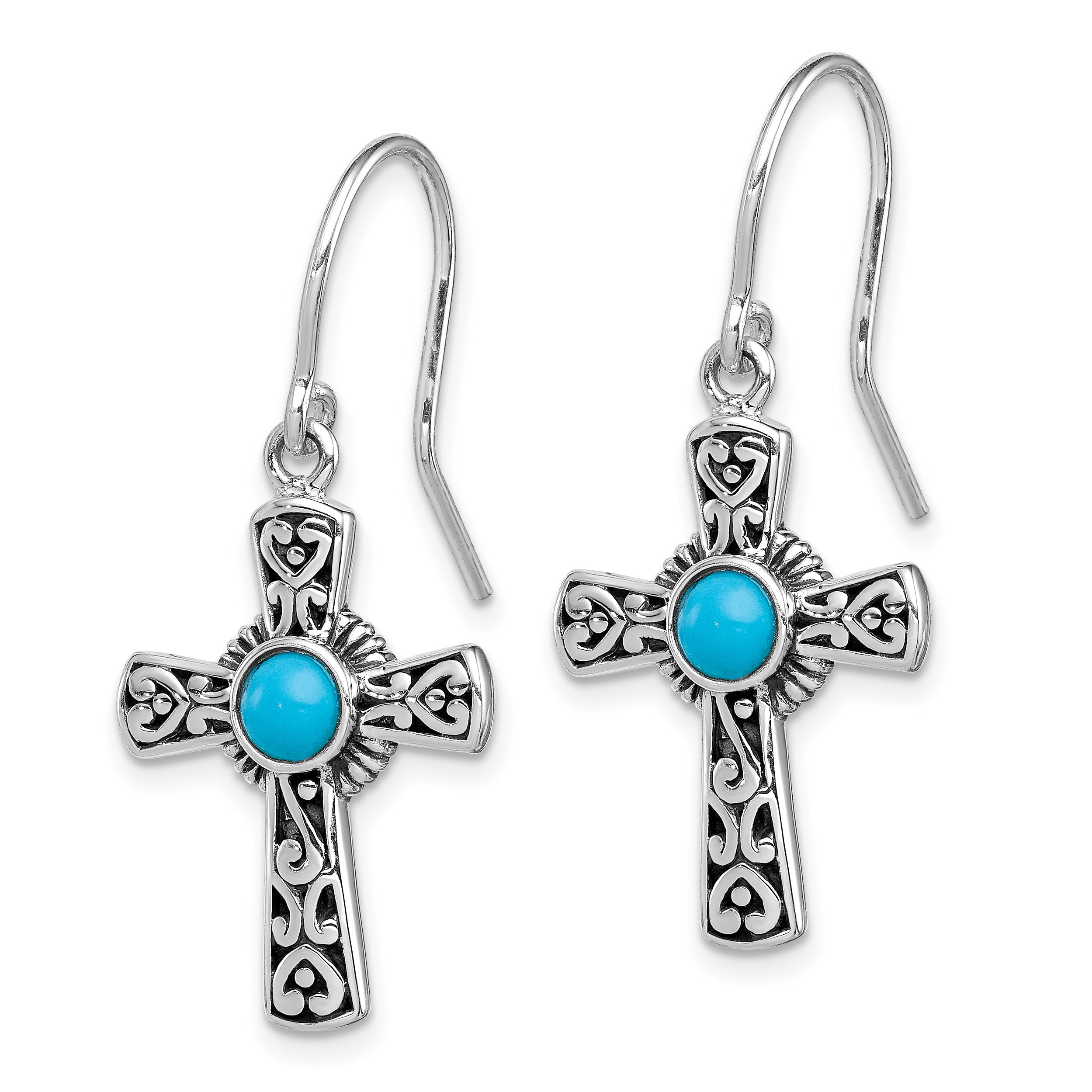 Sterling Silver Antiqued Recon Turquoise Cross Shepherd Hook Earrings
