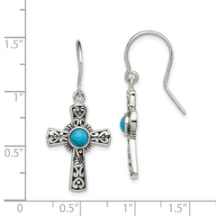 Sterling Silver Antiqued Recon Turquoise Cross Shepherd Hook Earrings