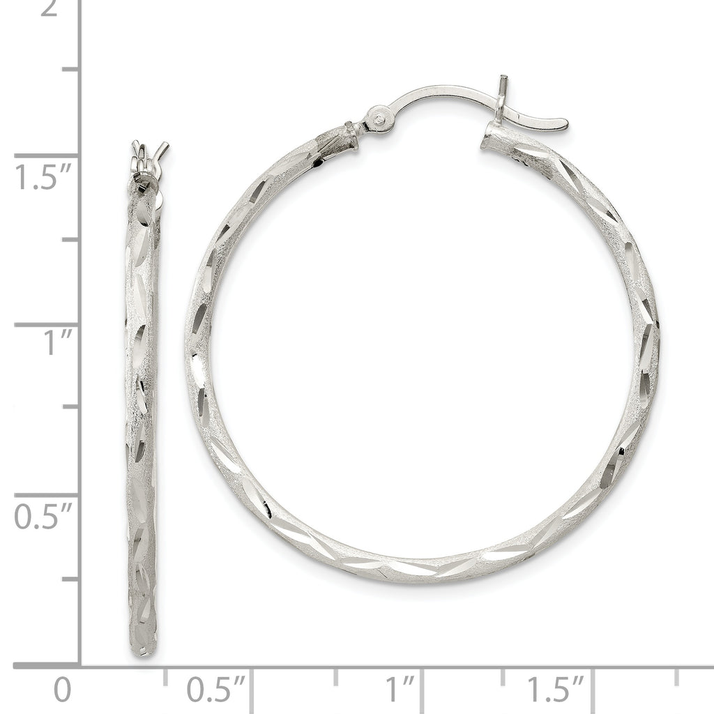 Sterling Silver 925 Brushed Diamond-Cut Hinged Hoop Earrings 38mm
