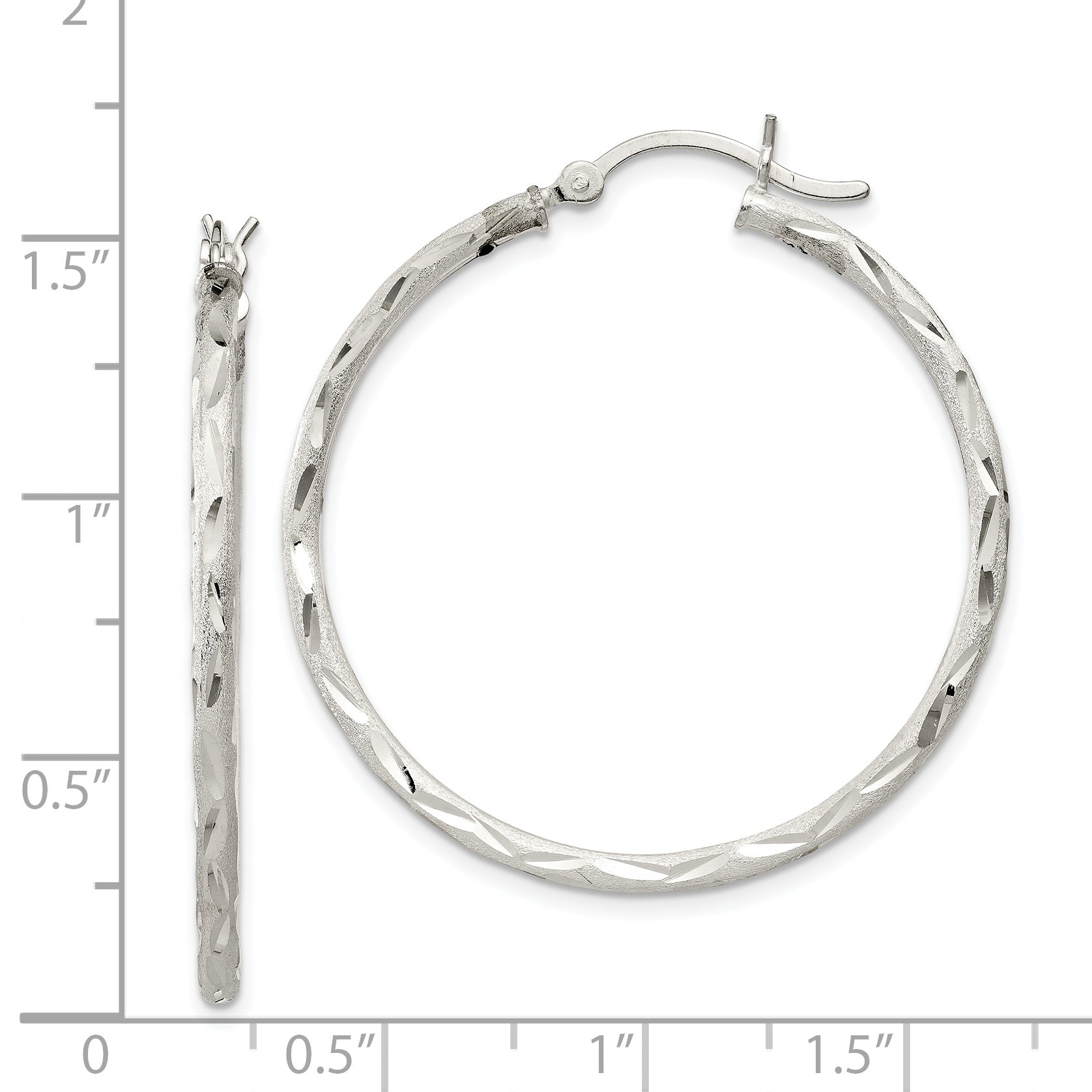 Sterling Silver 925 Brushed Diamond-Cut Hinged Hoop Earrings 38mm