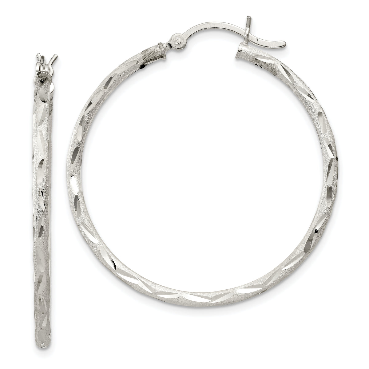 Sterling Silver Satin Diamond-cut 2x35mm Hoop Earrings