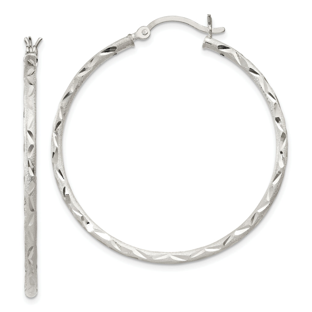 Sterling Silver Satin Diamond-cut 2x40mm Hoop Earrings