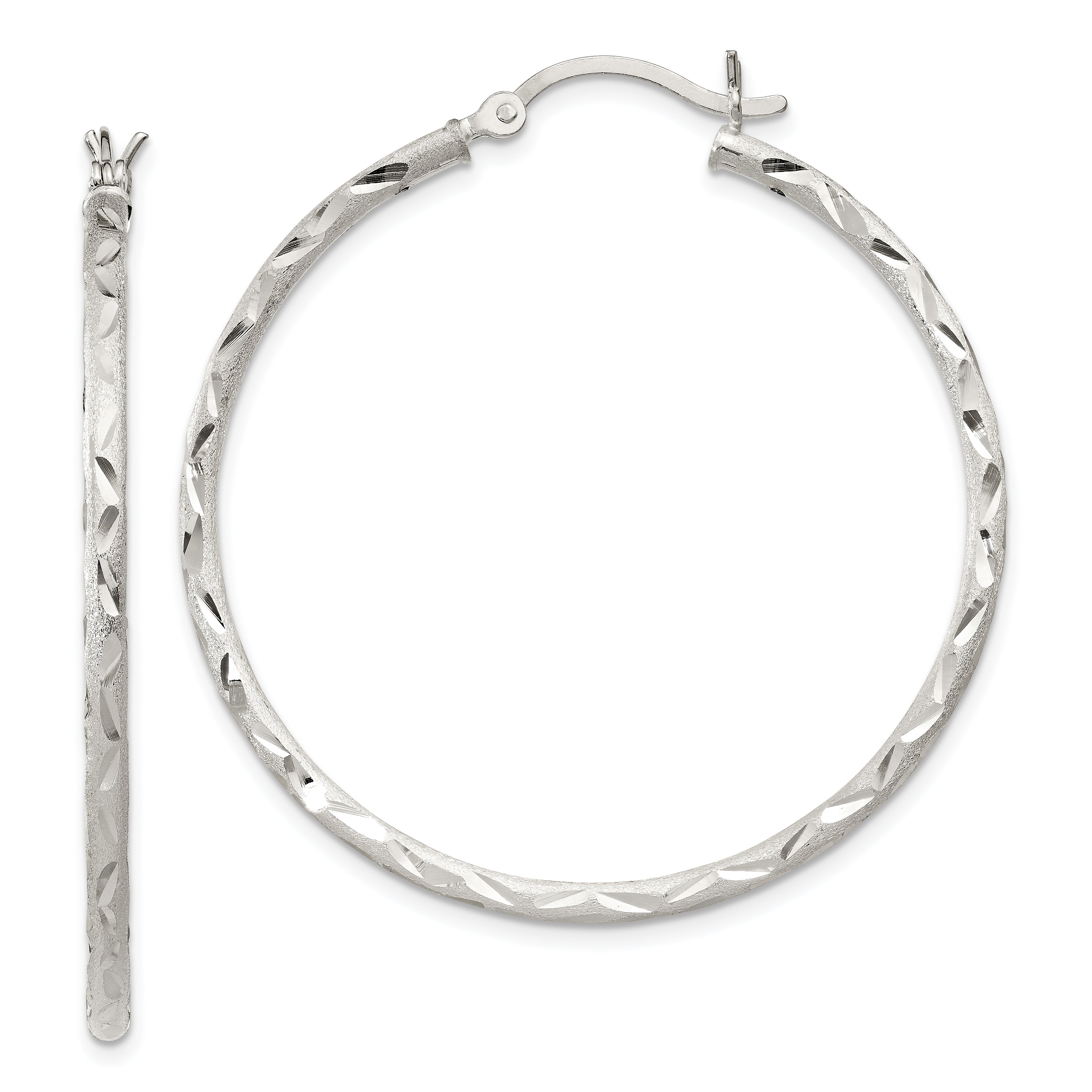 Sterling Silver Satin Diamond-cut 2x40mm Hoop Earrings