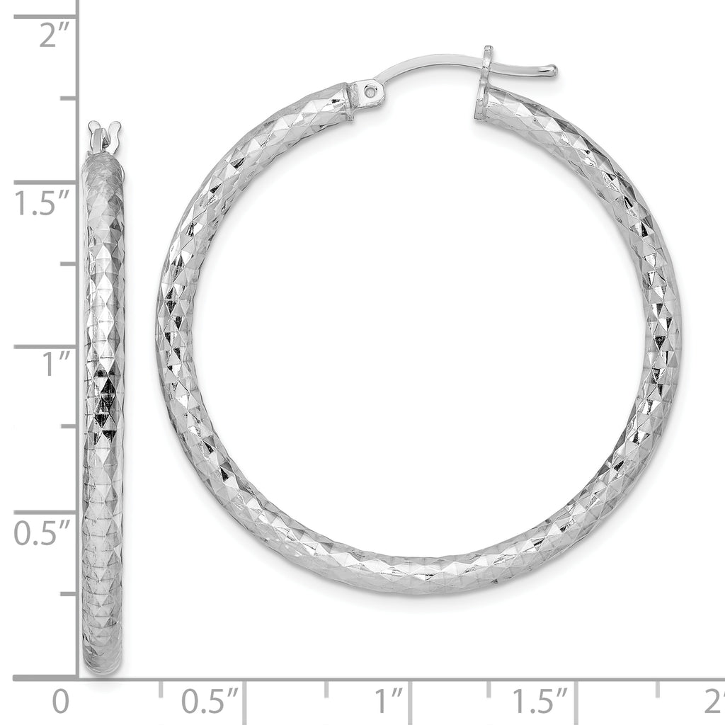 Sterling Silver Rhodium-Plated Textured Hoop Earrings Polished 3x40mm Design