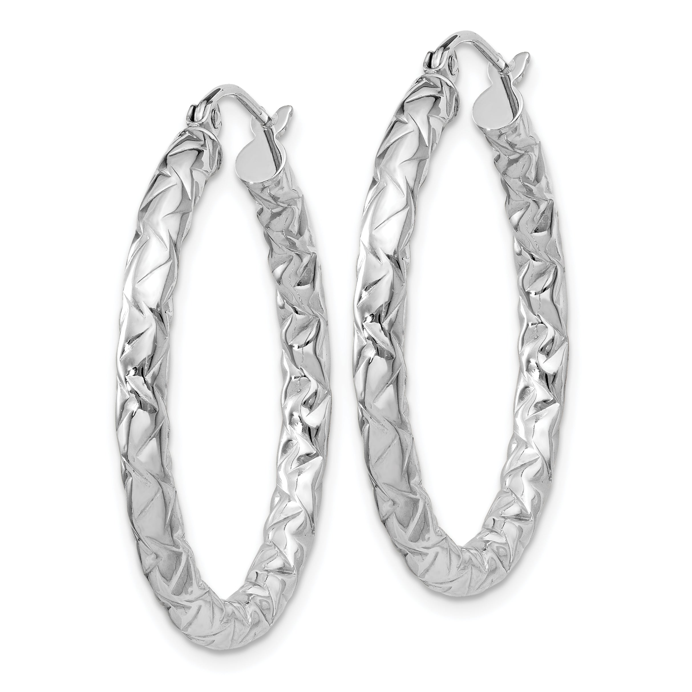 Sterling Silver Rhodium-Plated Textured Hoop Earrings Polished & Hollow Design