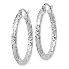 Sterling Silver Rhodium-Plated Textured Hoop Earrings Polished & Hollow Design