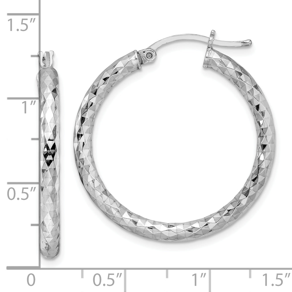 Sterling Silver Rhodium-Plated Textured Hoop Earrings Polished & Hollow Design