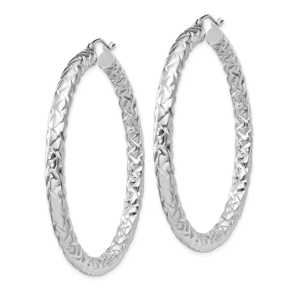 Sterling Silver Rhodium-Plated Textured Hoop Earrings 4x50mm Polished Finish