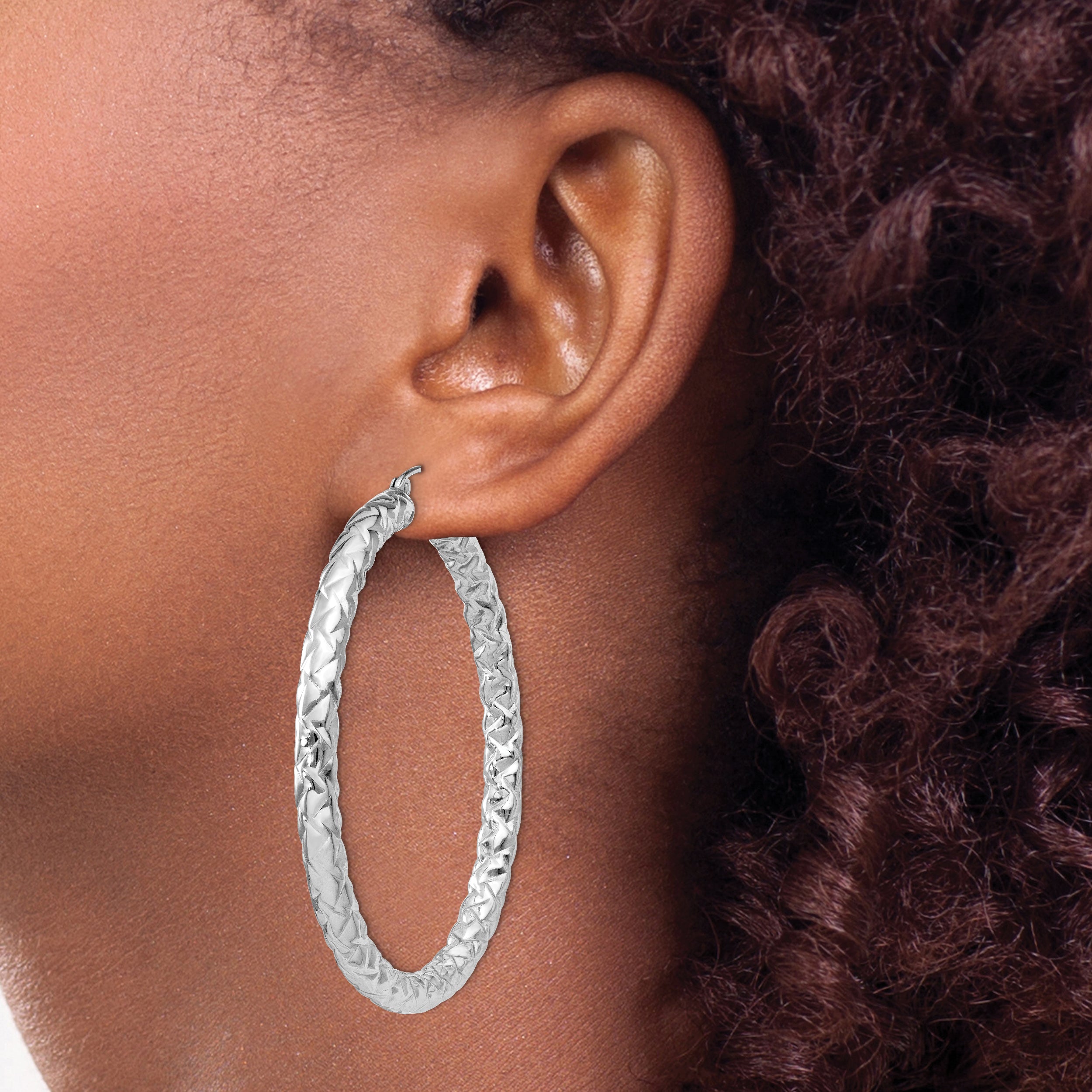 Sterling Silver Rhodium-plated Textured 4x50mm Hoop Earrings