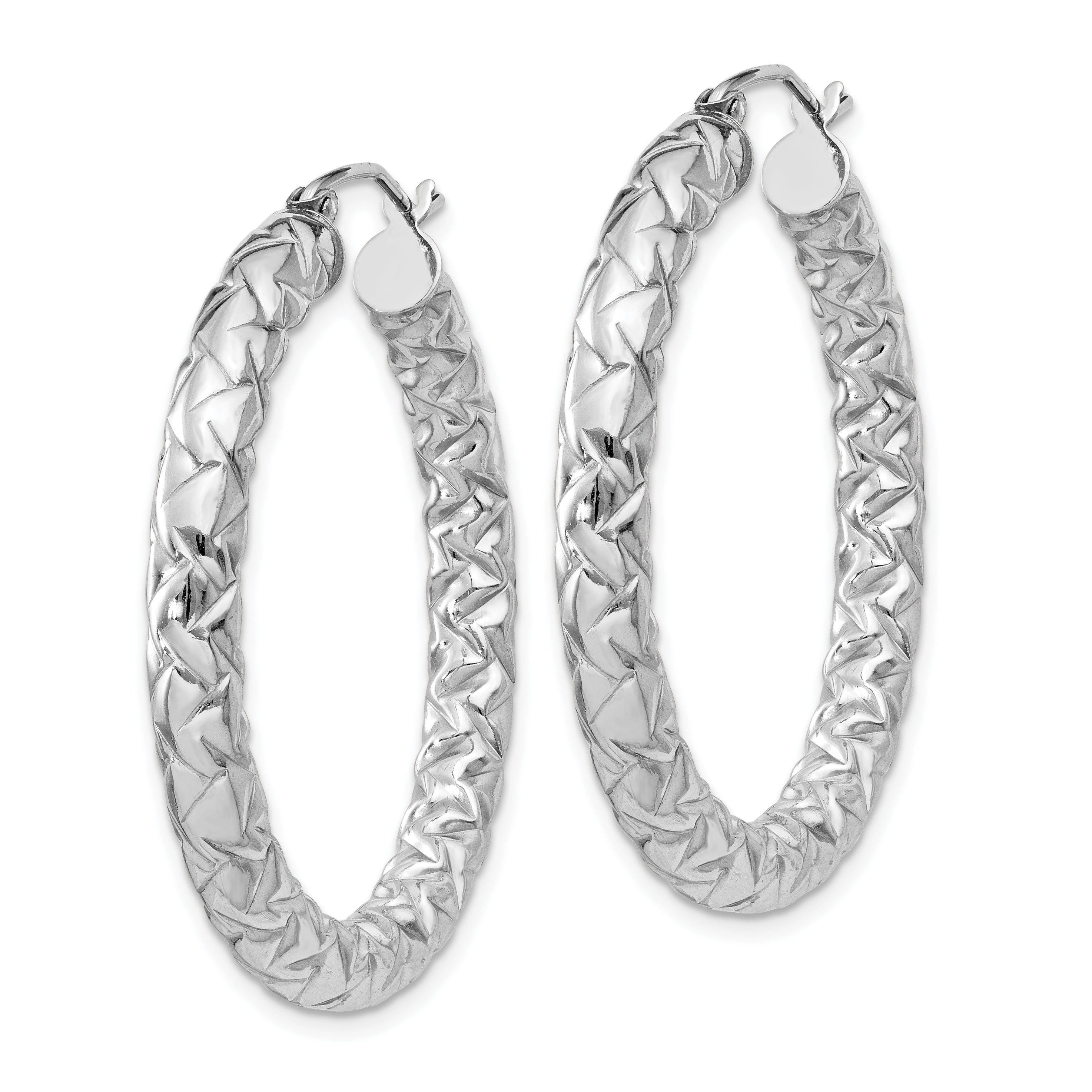 Sterling Silver Rhodium-Plated Textured Hoop Earrings Polished 4x37mm Design