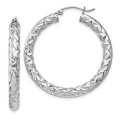 Sterling Silver Rhodium-plated Textured 4x35mm Hoop Earrings