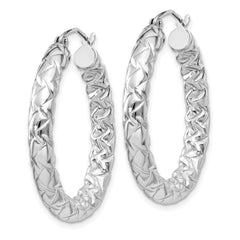 Sterling Silver 925 Rhodium-Plated Textured Hoop Earrings Polished & Hollow, 32mm