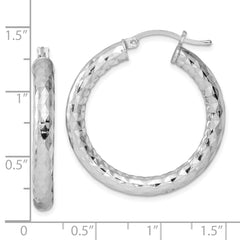 Sterling Silver 925 Rhodium-Plated Textured Hoop Earrings Polished & Hollow, 32mm