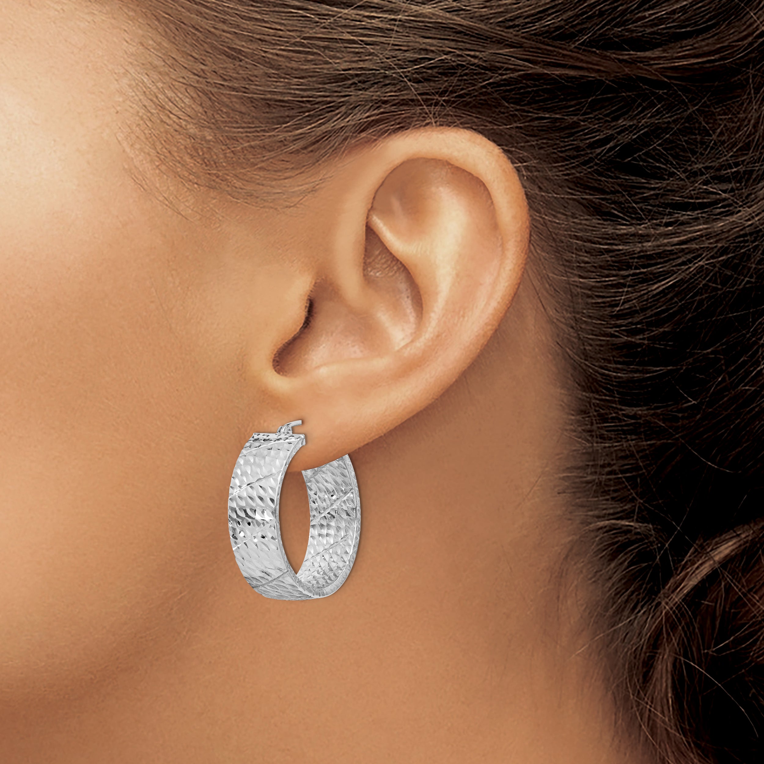 Sterling Silver Rhodium-plated Diamond-cut 7.75x25mm Hoop Earrings