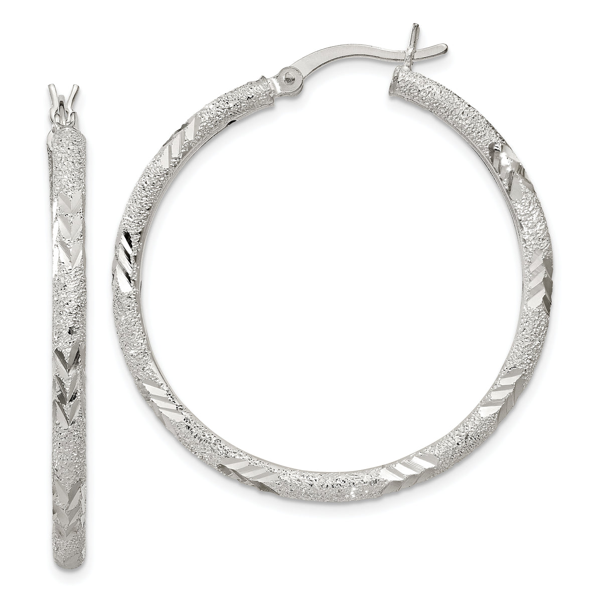 Sterling Silver 2.5mm Diamond-cut Laser-cut Hinged Hoop Earrings