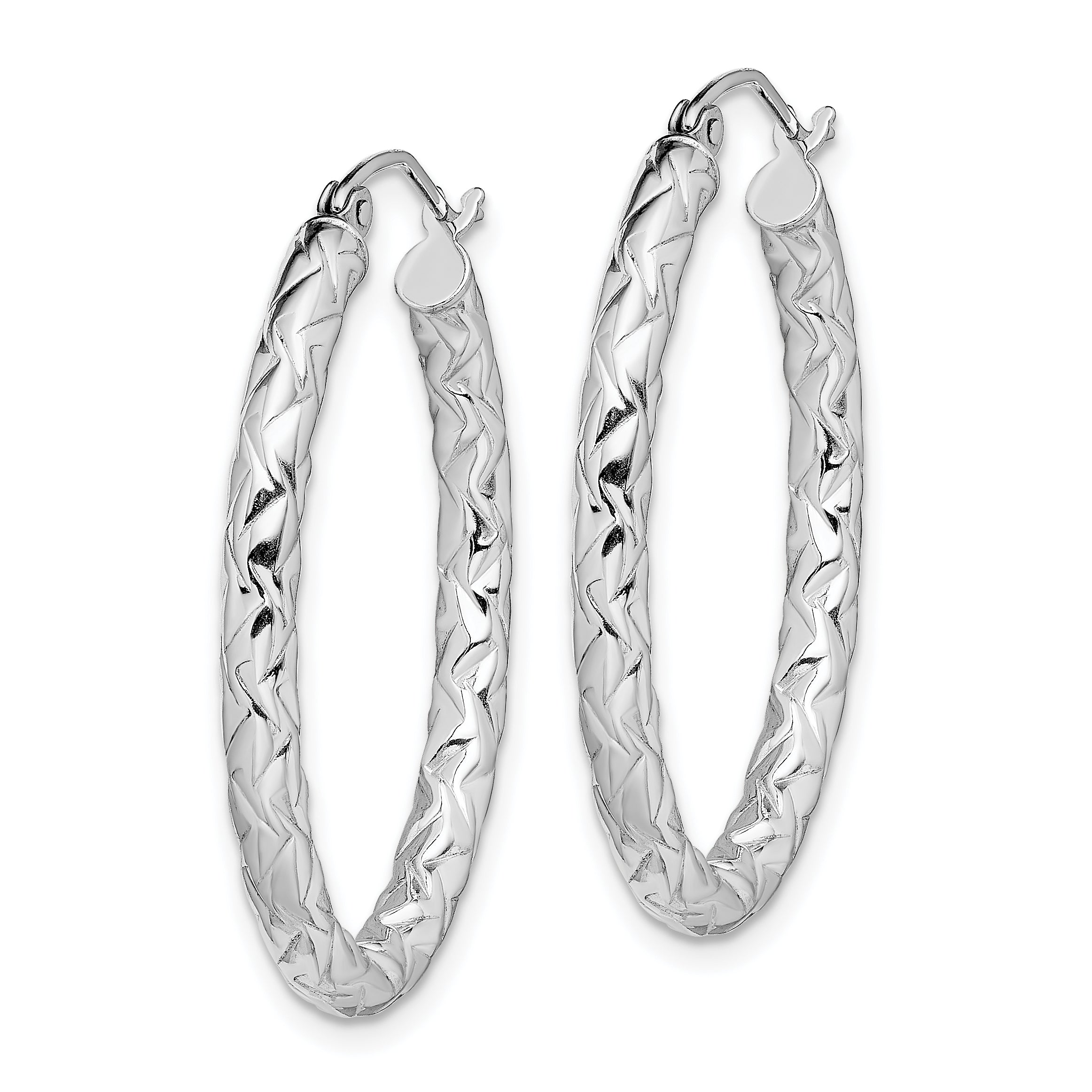 Sterling Silver RH-plated D/C Textured 3mm Oval Hoop Earrings Secondary image