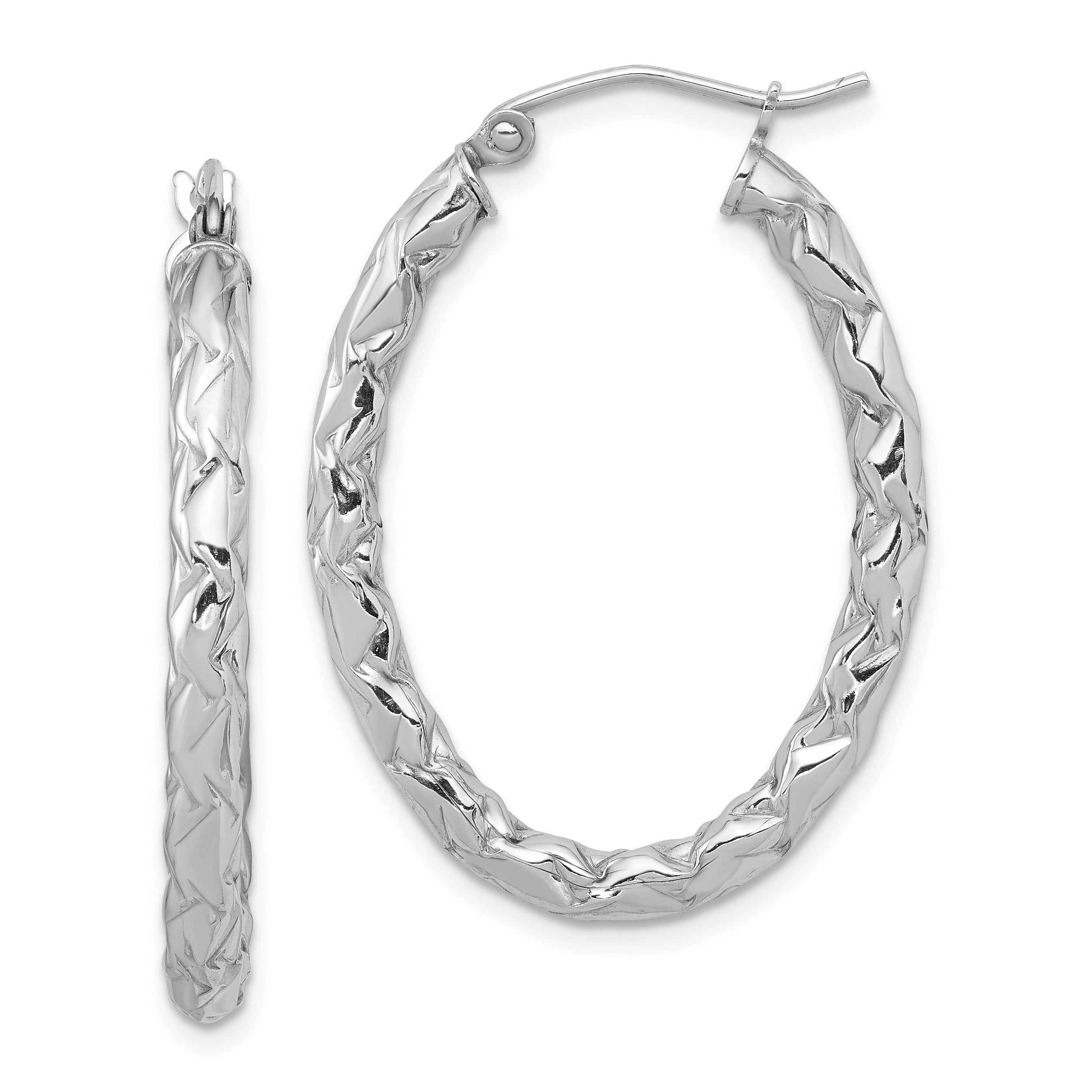 Sterling Silver RH-plated D/C Textured 3mm Oval Hoop Earrings Main image