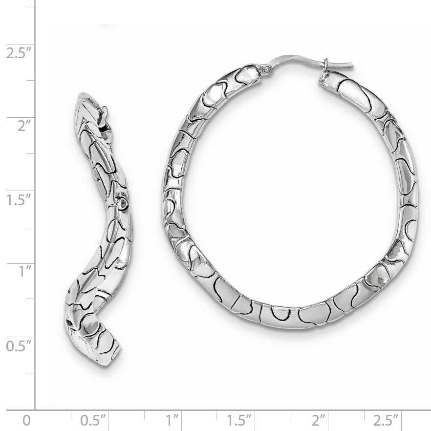 Sterling Silver Rhodium-Plated Hinged Hoop Earrings Polished Wave Design, 43mm