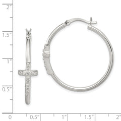 Sterling Silver Polished CZ Cross 2.5mm Round Hoop Earrings